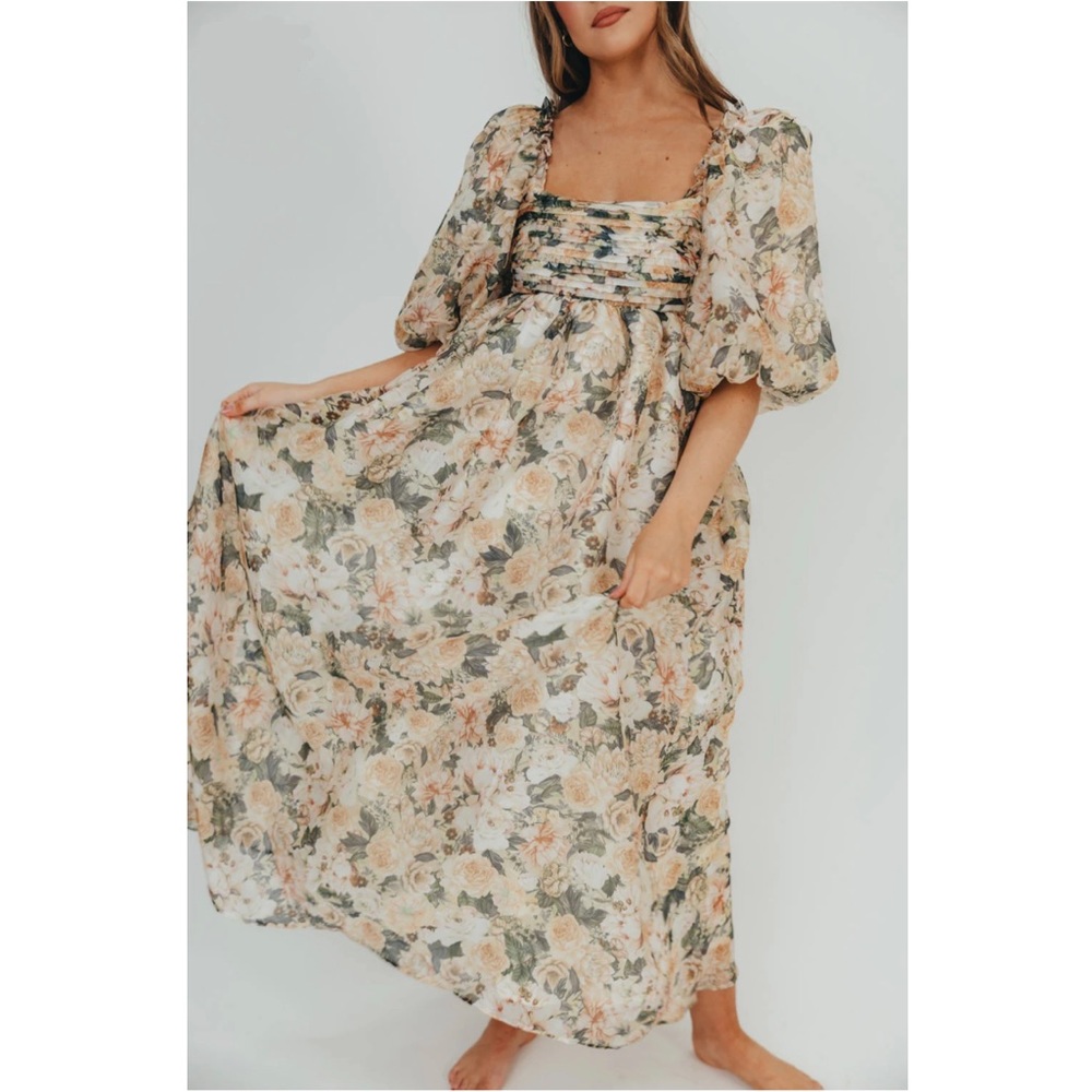 Worth Collective NWT melody maxi dress pleats bow tie M champagne floral